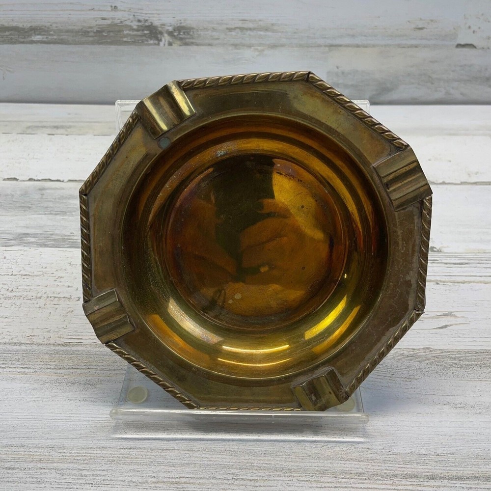 Vintage MCM Brass Octagonal Ashtray with Removable Glass Insert